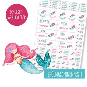 Schulset Namensaufkleber - 62 Aufkleber - Meerjungfrau - spülmaschinenfest – Klebelinchen