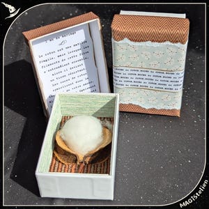 Peut inclure: Deux petites boîtes décoratives. L'une est ouverte, révélant une boule de coton à l'intérieur. L'autre boîte est fermée. Les boîtes ont du papier à motifs marron et blanc. Du texte en français est visible à l'intérieur de la boîte ouverte.