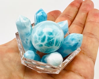 Larimar Set - 6 Towers and 1 Sphere in a bowl,AAA Larimar,Larimar ball,Natural stone,Natural larimar,High quality larimar