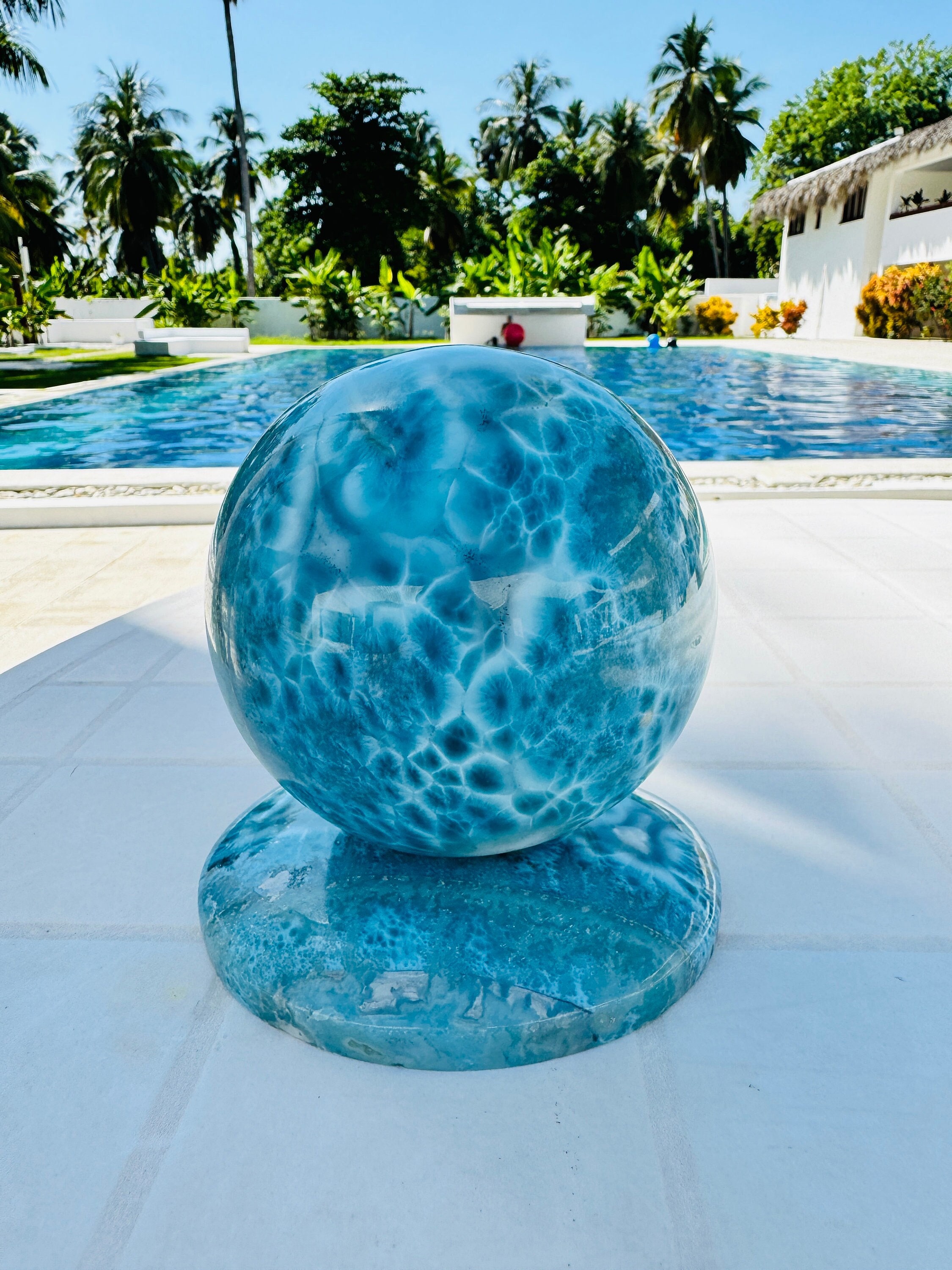 Larimar "Fractal Supernova" Super Blue Larimar Sphere with Base,Fractal Larimar,Super Blue Larimar,AAA Larimar,