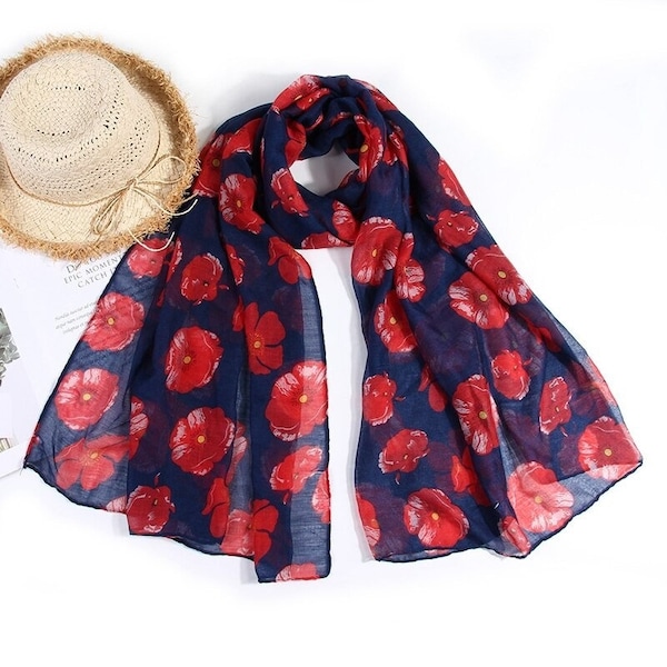 Foulard coquelicot femmes Mode Longue lumière douce dames coquelicots foulard,Printemps Mode Femmes Foulard Grand Floral Dames Châle,Foulards Féminins,Ventes Chaudes