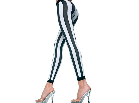 Vertically Striped Leggings - Black and White