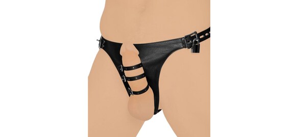 Sexy leather harness thong with 3 penis straps