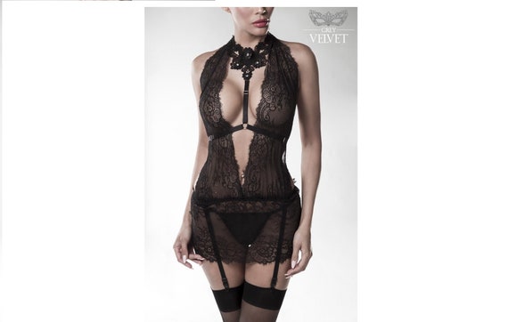 Grey Velvet Lace Set