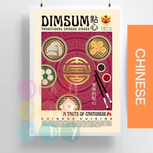 Dimsum Poster Vintage Style, Chinese Food Art, Food Wall Art, Unique Kitchen Decor, Asian Retro Food Art, Foodie Gift, Gift for New Home