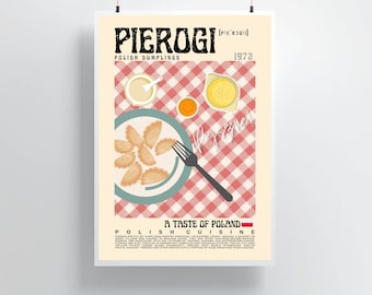 Pierogi Poster Vintage Style, Poland Dumplings Food Print, Polish Cuisine Poster, Modern Kitchen Decor, Retro Food Wall Art, Gift For Her