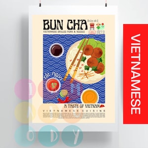 Bun Cha Vintage Style Poster, Vietnam Essen Wandkunst, Vietnamesische Food Art, Essen Illustrationen, Küchendeko, Asiatisches Essen, Foodie Geschenk