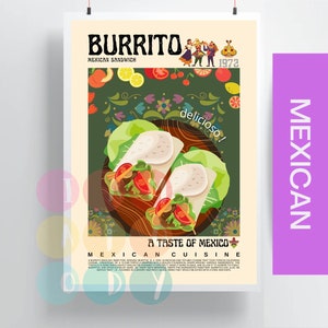 Burrito Poster Vintage Style, Mexican Food Wall Art, Mexico Cuisine Print, Modern Kitchen Decor, Retro Food illustration Art, Gift For Her