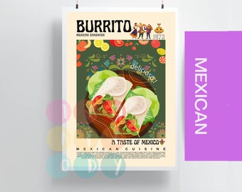 Burrito Poster Vintage Style, Mexican Food Wall Art, Mexico Cuisine Print, Modern Kitchen Decor, Retro Food illustration Art, Gift For Her