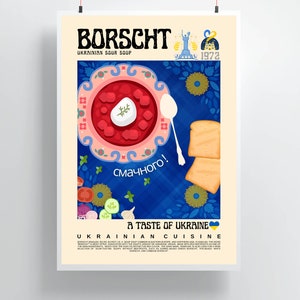 Peut inclure: Affiche illustrant le bortsch ukrainien, une soupe aigre traditionnelle, avec une touche de crème. L'affiche comprend le texte "Borscht Ukrainian Sour Soup" et "A Taste of Ukraine". Le design est de style vintage.