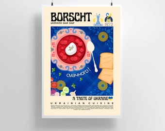 Borscht Poster Vintage Style, Ukrainian Cuisine Wall Art, Ukraine Food Prints, Modern Kitchen Decor, Retro Food Design Art, Gifts For Her