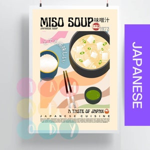 Japanese Food Wall Art, Miso Soup Poster Vintage Style, Japanese Cuisine, Modern Kitchen Decor, Retro Kitchen Asian Wall Art, Gift For Her