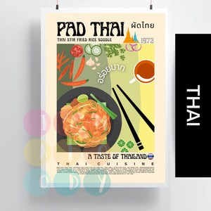 Pad Thai Poster Retro Style, Thai Cuisine Wall Art, Thai Food Prints, Modern Kitchen Decor, Asian Food Tom Yam Wall Art, Poster Gift For Her