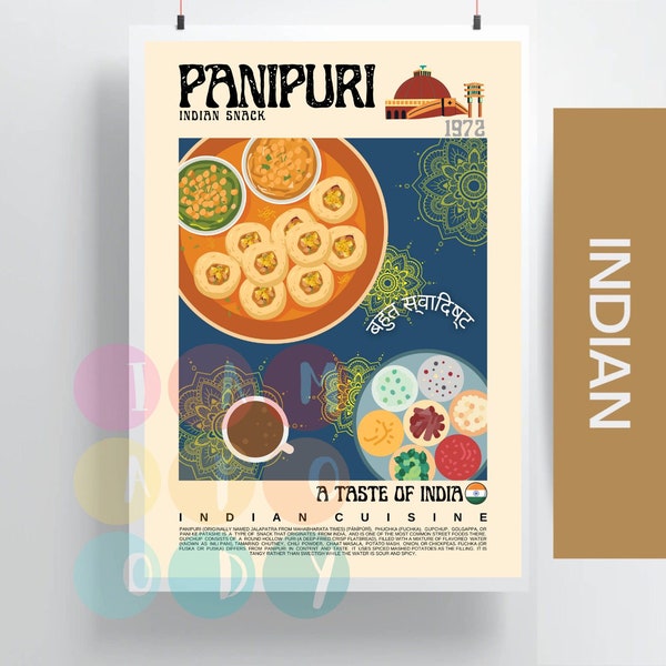 Panipuri Poster Retro Style, Indian Cuisine Wall Art, Indian Food Prints, Modern Kitchen Decor, Food Design Art Prints, Gifts For Her