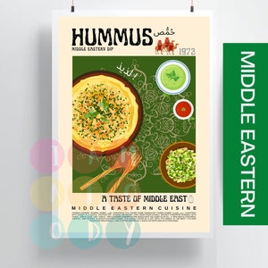 Hummus Poster Green Vintage Style, Middle Eastern Food Wall Art, Middle East Cuisine Print, Modern Kitchen Decor, Retro Kitchen Poster