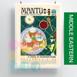 Mantu Poster Vintage Style, Middle Eastern Food Wall Art, Middle East Cuisine Print, Modern Kitchen Decor, Retro Kitchen Poster For Her