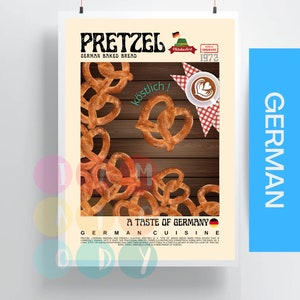 Brezel Poster Retro Stil, Deutsches Essen Wandkunst, Deutschland Küche Druck, moderne Küche Dekor, Retro Küche Poster, Geburtstagsgeschenk für Sie