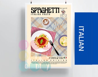 May include: A vintage-style poster advertising spaghetti with a red and white checkered tablecloth, a plate of spaghetti with tomato sauce and a basil leaf, a cup of coffee, and a bowl of soup. The poster has the text "SPAGHETTI [SPAGETTI] ITALIAN PASTA 1972 deliziosol" and "A TASTE OF ITALY ITALIAN CUISINE".