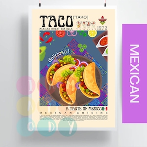 Taco Poster Vintage Stil, Mexikanische Küche Wandbild, Moderne Küchen Deko, Food Illustrationen, Retro Food Print, Geburtstagsgeschenk für Sie