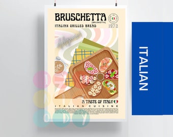 Może przedstawiać: Retro plakat reklamujący Bruschettę, włoskie pieczywo grillowane. Plakat przedstawia kolorową ilustrację drewnianej tacy z różnymi dodatkami, w tym pomidorami, serem i ziołami. Tekst na plakacie brzmi "Bruschetta [Brusketta] Włoskie pieczywo grillowane 1972" i "Smak Włoch Kuchnia włoska".