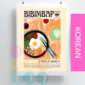 Bibimbap Poster Vintage Stil, koreanisches Essen Wandkunst, asiatische Küche, moderne Küchendekoration, Retro Food Art, beliebtes koreanisches Essen