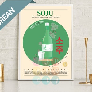 Soju Poster Retro-Stil, koreanisches Essen Vintage Wandkunst, koreanische Küche, modernes Küchendekor, Retro Küche Wandkunst, koreanisches Getränke Poster