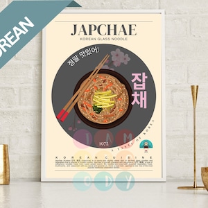 Japchae Poster Retro Stil, koreanisches Essen Vintage Wandkunst, koreanische Küche, modernes Küchendekor, Retro Küche Wandkunst, Essen Poster Druck