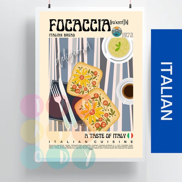 Focaccia Poster Retro Style, Italian Cuisine Wall Art, Italy Vintage Food Illustration, Modern Kitchen Decor, Cute Food Print, Gift For Her