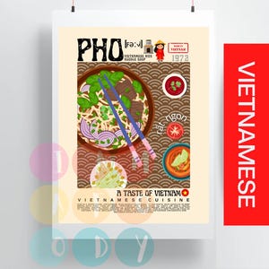 Pho Poster Vintage Style, Vietnam Essen Wandkunst, Vietnam Delikatesse Poster für Küchendeko, Nudeldruck, Moderne Küchendeko, Saigon Kunst