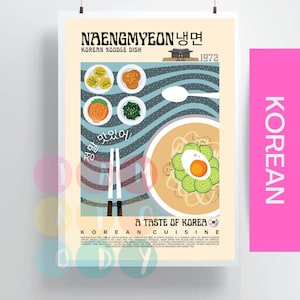 Naengmyeon Poster Retro Stil, koreanisches Essen Vintage Wandkunst, koreanische Küche, modernes Küchendekor, Retro Küche Wandkunst, Essen Poster Druck