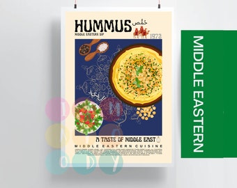 Hummus Poster Vintage Style, Middle Eastern Food Wall Art, Middle East Cuisine Print, Modern Kitchen Decor, Retro Kitchen Poster For Her
