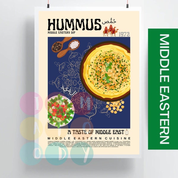 Hummus Poster Vintage Style, Middle Eastern Food Wall Art, Middle East Cuisine Print, Modern Kitchen Decor, Retro Kitchen Poster For Her