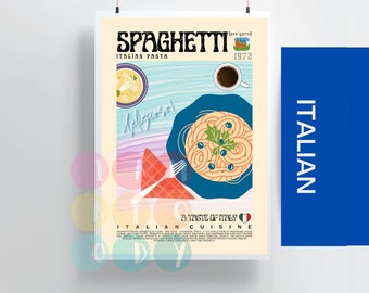 Może przedstawiać: Retro plakat reklamujący spaghetti na kolorowym tle z tekstem "Spaghetti Italian Pasta" i "A Taste of Italy Cuisine".