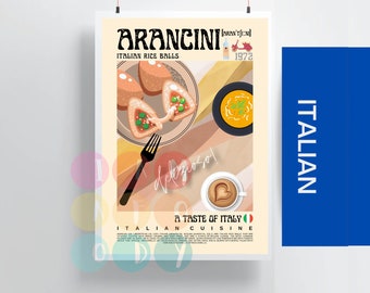 Może przedstawiać: Retro plakat reklamujący Arancini, włoskie kulki ryżowe. Plakat przedstawia kolorową ilustrację Arancini na talerzu z widelcem, filiżanką kawy i miską zupy. Tekst na plakacie brzmi "Arancini [branci'ni] Włoskie kulki ryżowe 1972 Smak Włoch Kuchnia włoska".