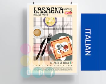 Może przedstawiać: Plakat w stylu vintage reklamujący lasagne, włoskie danie z makaronu. Plakat przedstawia talerz lasagne z pomidorem i ziołami, filiżankę kawy i kratkowany obrus. Tekst na plakacie brzmi "Lasagna (lasagna) Italia 1972" i "A Taste of Italy Italian Cuisine".