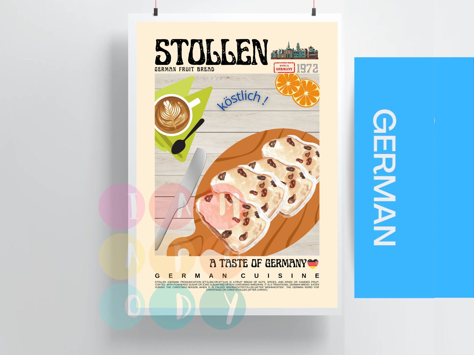 Stollen Poster Vintage Style, German Food Wall Art, Germany Cuisine Poster, Modern Kitchen Decor, Retro Food Illustration Art, Gift For Her