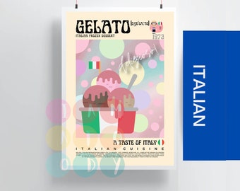 Może przedstawiać: Plakat reklamujący włoskie lody, z kolorowym wzorem kulek lodów w kubeczkach. Plakat zawiera tekst "GELATO Italian Frozen Dessert" i "A Taste of Italy". Tło ma pastelowe koła.