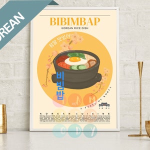 Bibimbap Poster Retro Style, Korean Food Vintage Wall Art, Korean Cuisine, Modern Kitchen Decor, Retro Kitchen Wall Art, Food Poster Print