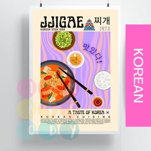 Jjigae poster vintage stijl, Koreaanse keuken kunst aan de muur, Aziatische voedsel prenten, moderne keuken decor, retro voedsel kunst aan de muur, kimchi ramen poster