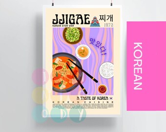 Jjigae Poster Vintage Style, Korean Cuisine Wall Art, Asian Food Prints, Modern Kitchen Decor, Retro Food Wall Art, Kimchi Ramen Poster