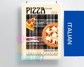 Może przedstawiać: Plakat w stylu vintage reklamujący pizzę. Plakat przedstawia czerwono-białe kratkowane tło z kawałkiem pizzy i całą pizzą z serem mozzarella, plastrami pomidora i bazylią. Tekst na plakacie brzmi "PIZZA [PITTSA] 1972" i "KUCHNIA WŁOSKA ZROBIONA WE WŁOSZECH".