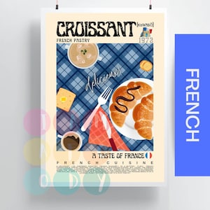 Croissant Poster Vintage Style, French Cuisine Wall Art For Modern Kitchen, France Retro Style Food Print, Food Illustration, Gift For Her