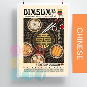 Dimsum Poster Vintage Style, Chinese Food Art, Retro Kitchen Decor, Asian Food Design, Retro Food Art, Foodie Gift, Gift for New Home Office