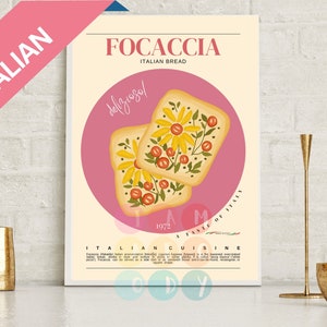 Focaccia Poster Retro Style, Italian Cuisine Wall Art, Italy Vintage Food Illustration, Modern Kitchen Decor, Food Print, Gift For Foodie