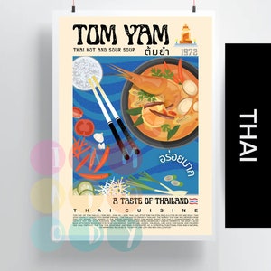 Tom Yam Poster Retro Style, Thai Cuisine Wall Art, Thai Food Prints, Modern Kitchen Decor, Asian Food Pad Thai Wall Art, Gift For Her