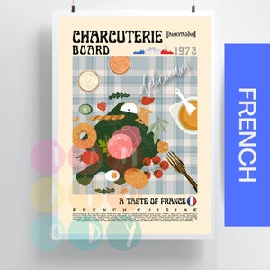 Charcuterie Board Poster Vintage Style, French Cuisine Wall Art, France Food, Modern Kitchen Decor, Retro Food Wall Art, Gift For Her