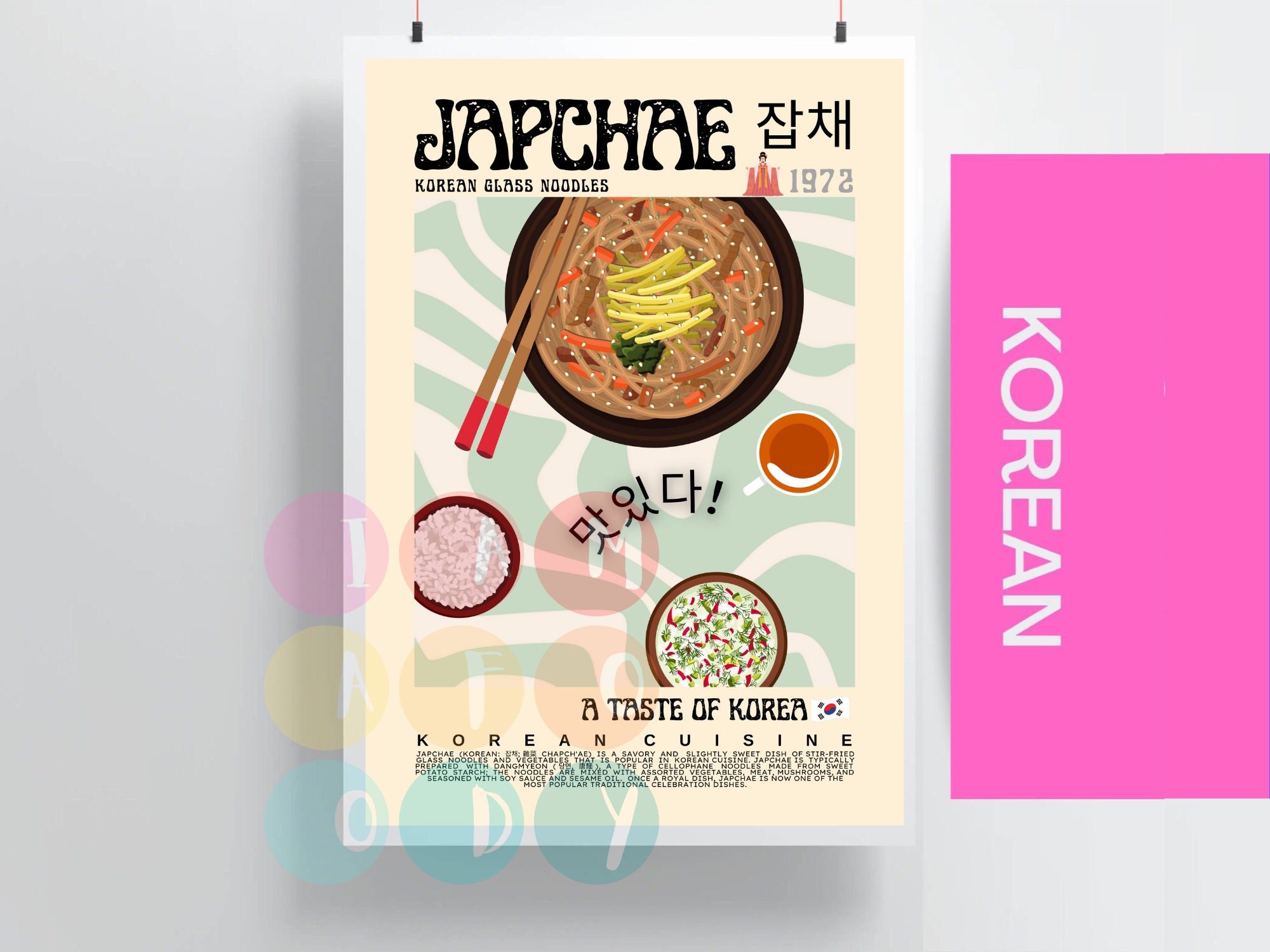 Japchae Poster Vintage Style, Korean Noodle Cuisine Wall Art, Asian Food Prints, Modern Kitchen Decor, Retro Food Wall Art, Gift For Mother