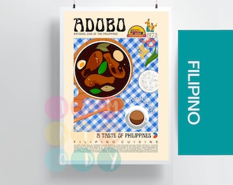 May include: A poster with a blue and white checkered background featuring a bowl of Adobo, a Filipino dish, with a side of rice and a cup of coffee. The poster has the text "Adobo National Dish of the Philippines" and "A Taste of Philippines Filipino Cuisine".