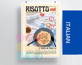 Może przedstawiać: Winietkowy plakat reklamujący włoskie risotto. Plakat przedstawia talerz risotto z widelcem i łyżką, filiżankę kawy i kolorowe tło z tekstem "Risotto" i "Smak Włoch".