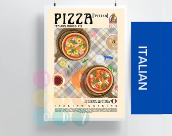 Może przedstawiać: Plakat w stylu vintage reklamujący włoską pizzę. Plakat przedstawia szachownicę z dwoma pizzami, miską zupy i kieliszkiem wina. Tekst na plakacie brzmi "Pizza [Pittsa] Italian Baked Pie 1972 A Taste of Italy Italian Cuisine".